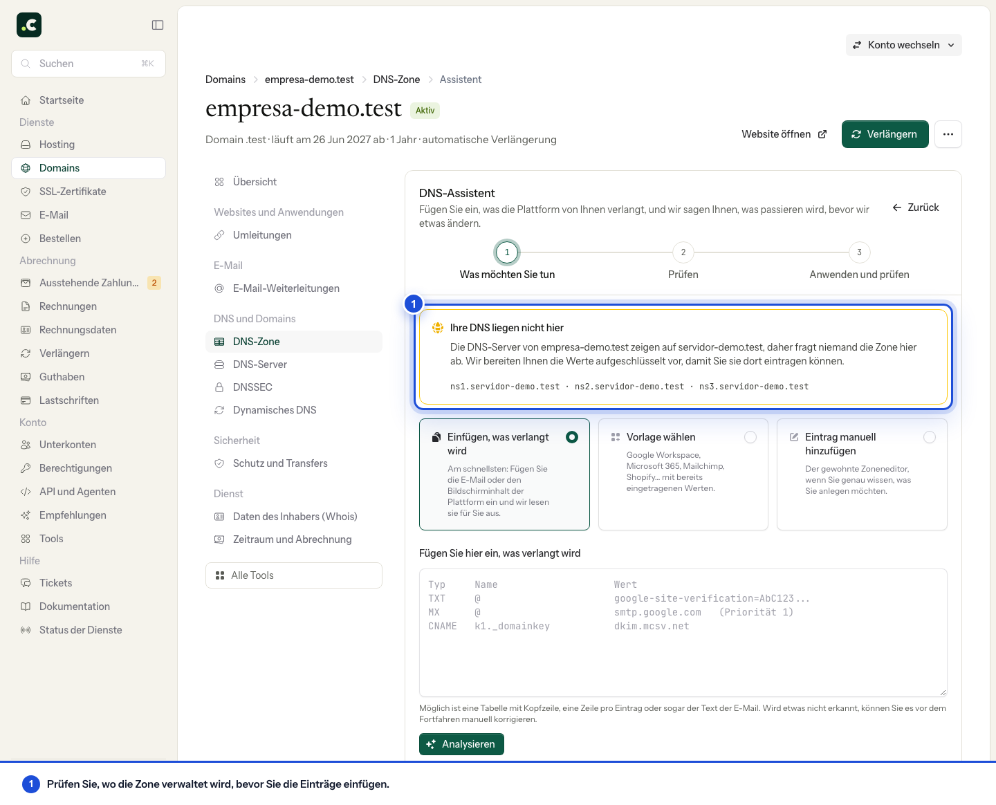 Hinweis des DNS-Assistenten, wenn die Zone der Demo-Domain bei einem anderen Anbieter verwaltet wird