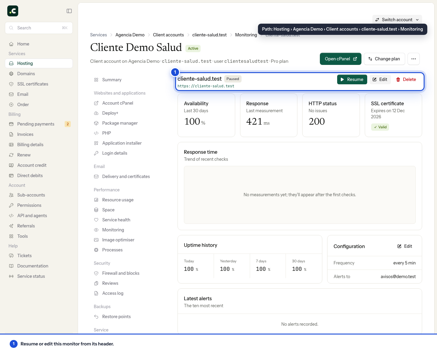 Monitor for an account on a multi-account plan