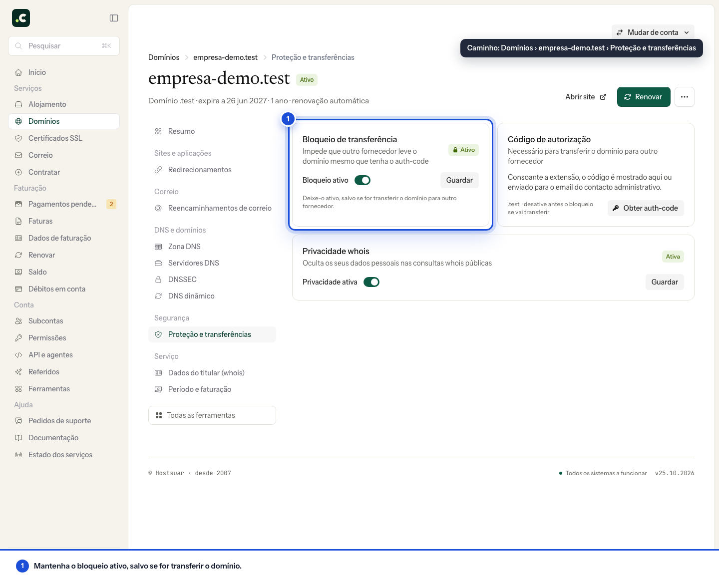 Bloqueio de transferência na área de cliente