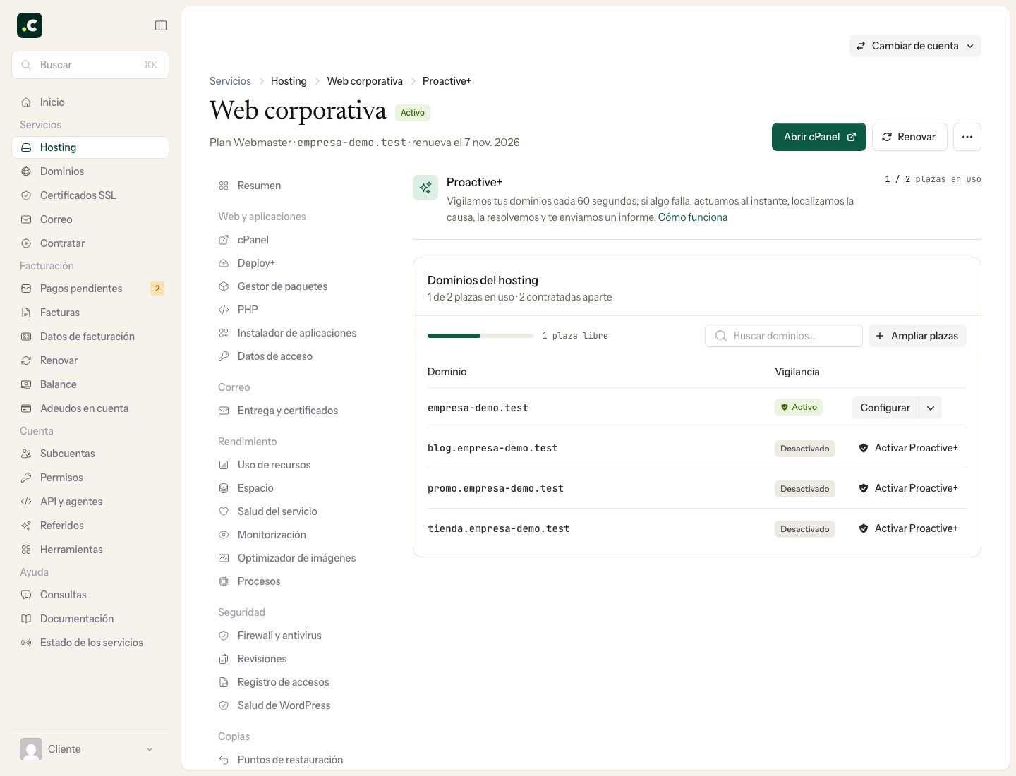 Verfügbare Domains und Status von Proactive+