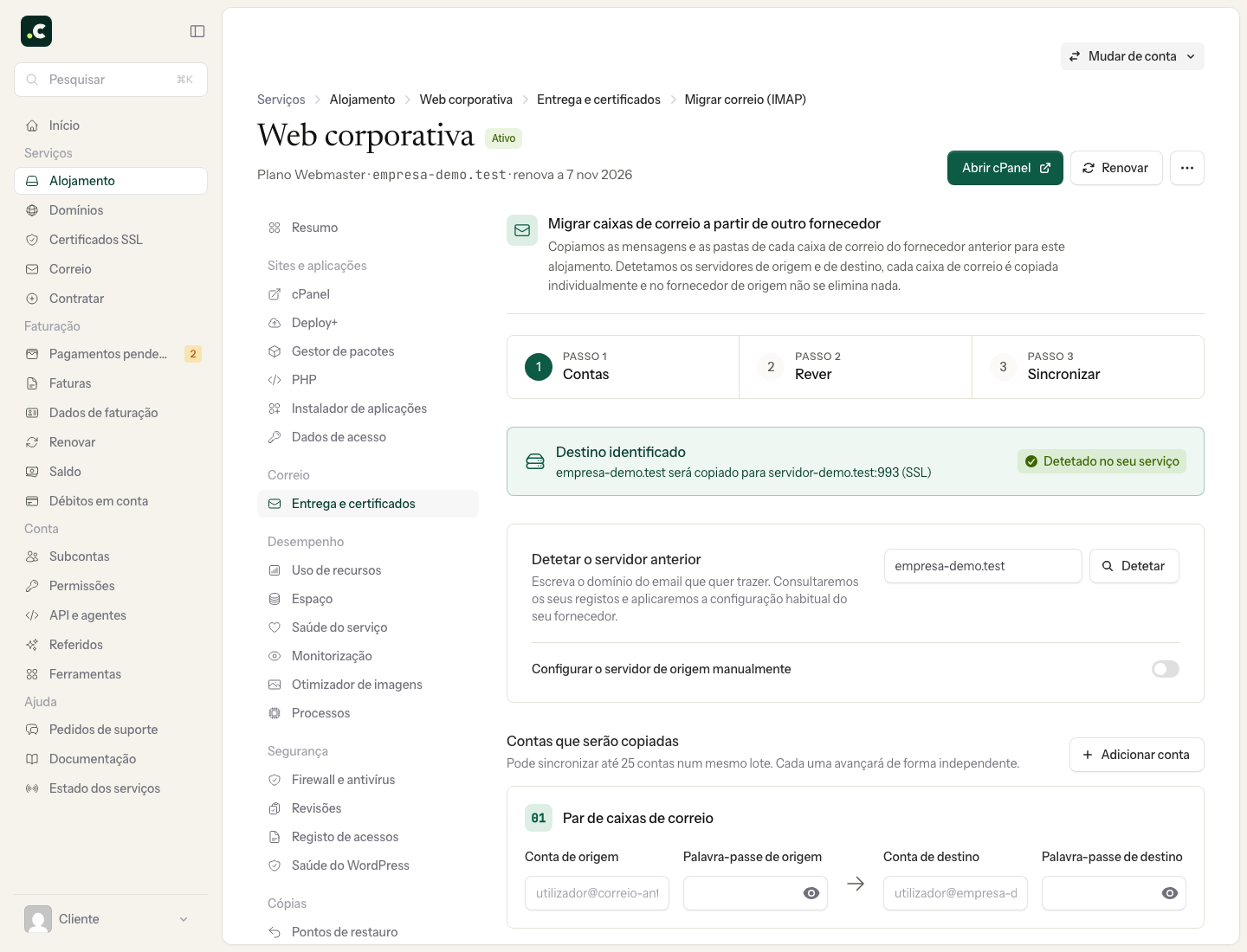 Formulário demo para preparar a migração de correio