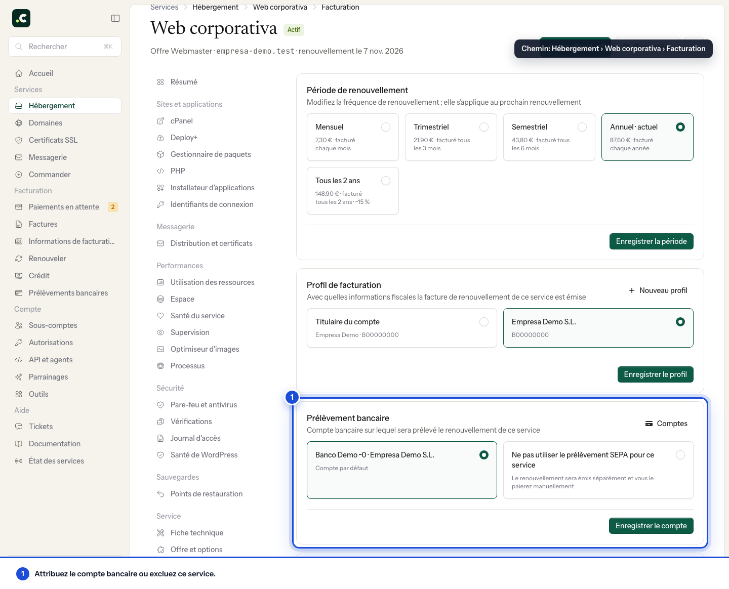 Attribuer un compte bancaire à un service
