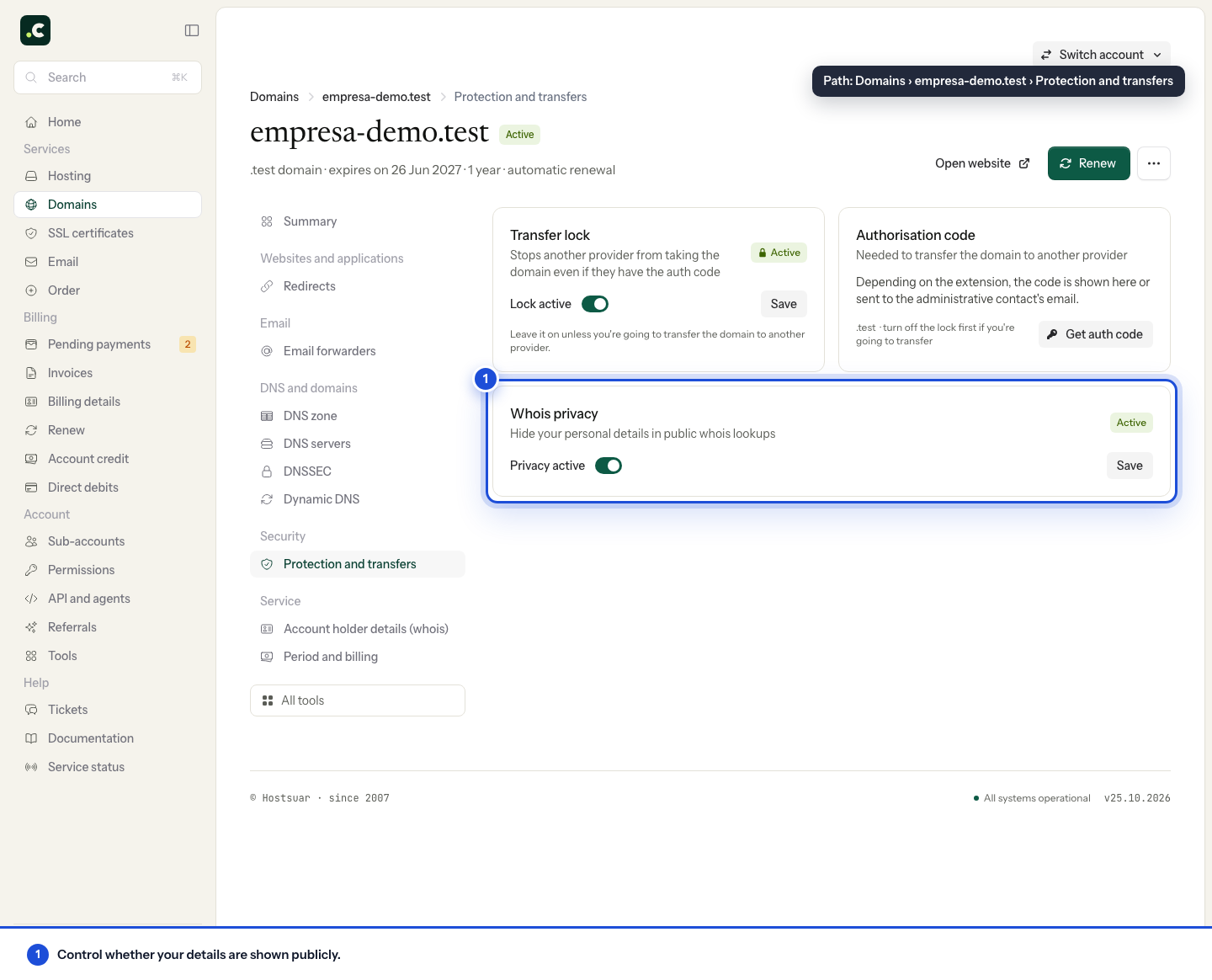 WHOIS privacy in the domain's protection settings