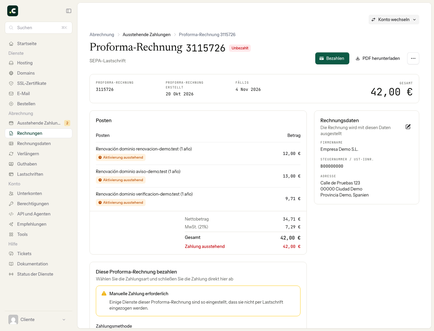 Demo-Proforma-Rechnung mit Positionen, Fälligkeit und Bearbeitung der Steuerdaten
