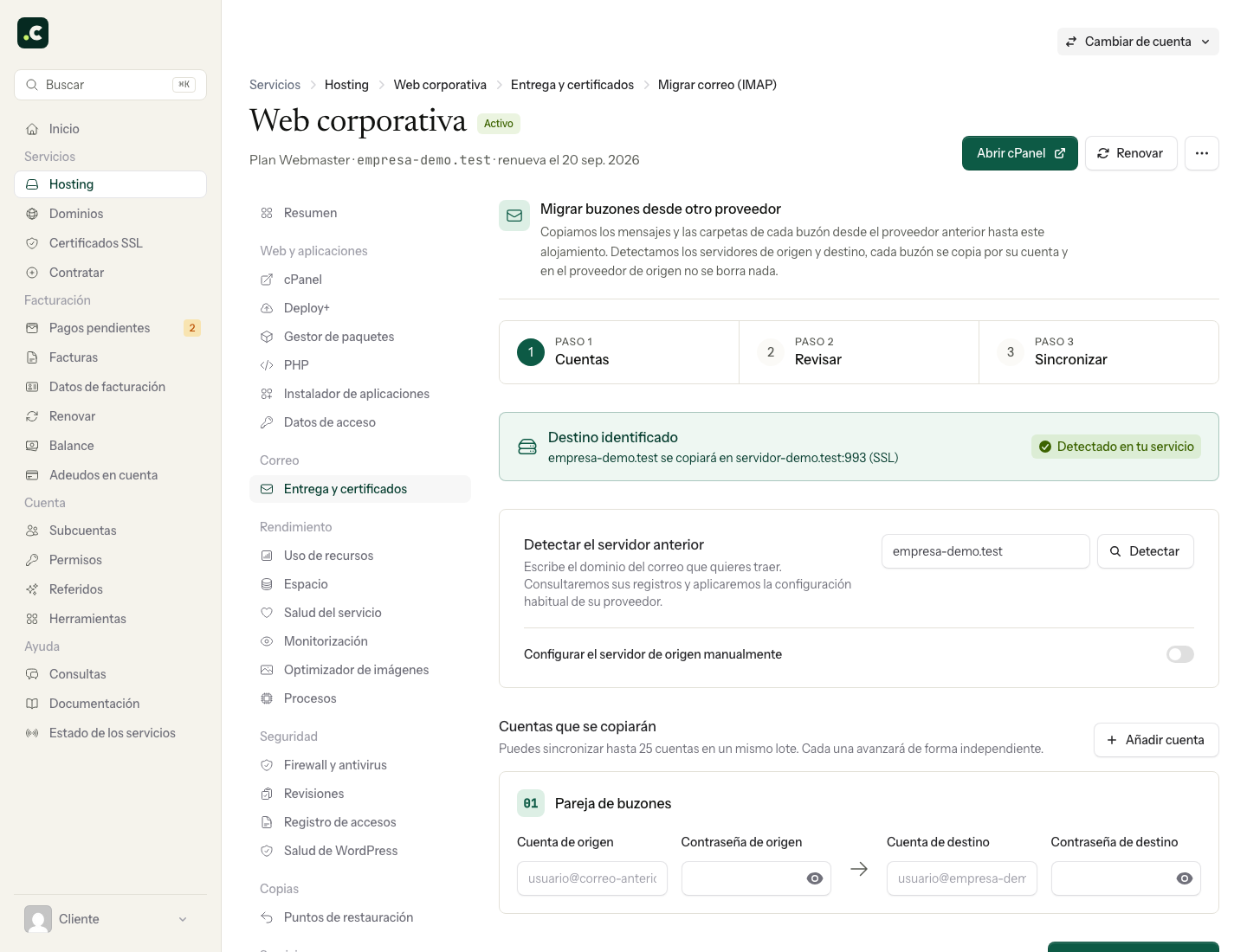 Formulario demo para preparar la migración de correo