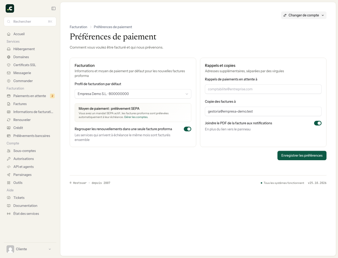 Préférences de facturation avec prélèvement SEPA actif, rappels et copies