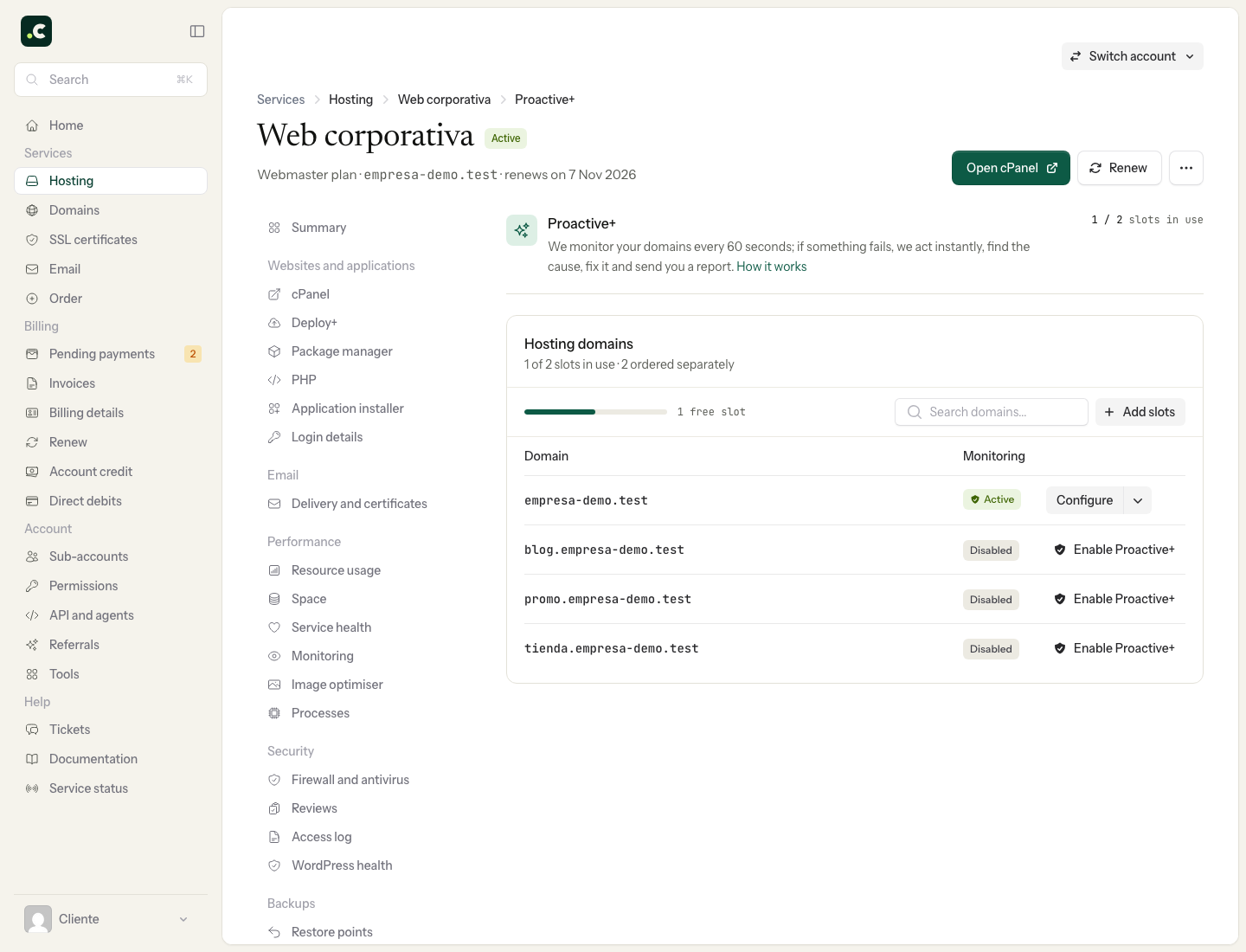 Available domains and Proactive+ status