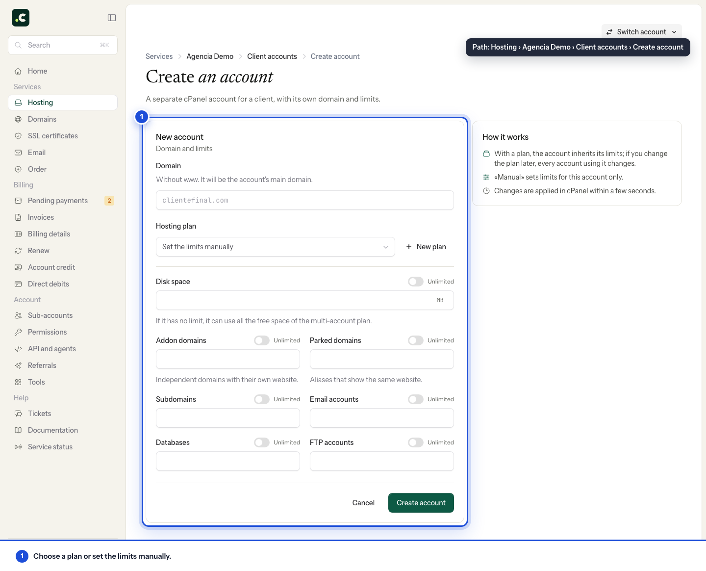 Form to create a hosting account