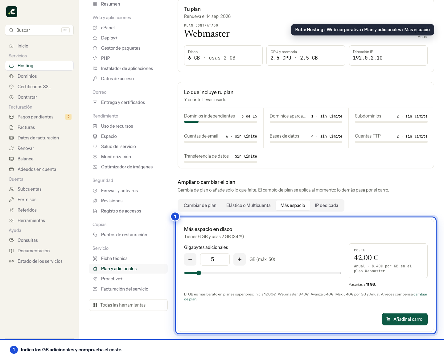 Añadir bloques de espacio al hosting