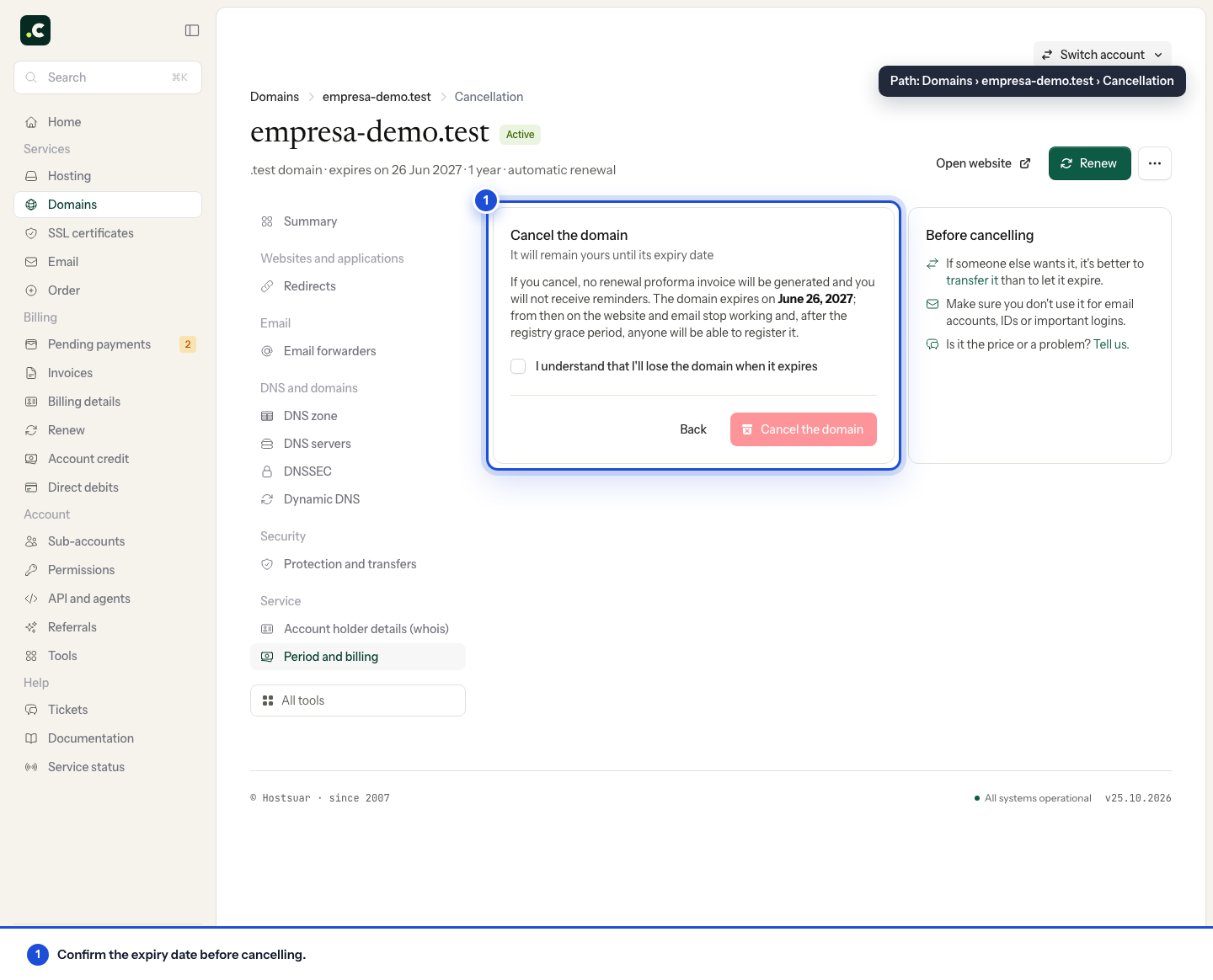 Confirmation to cancel a domain's renewal