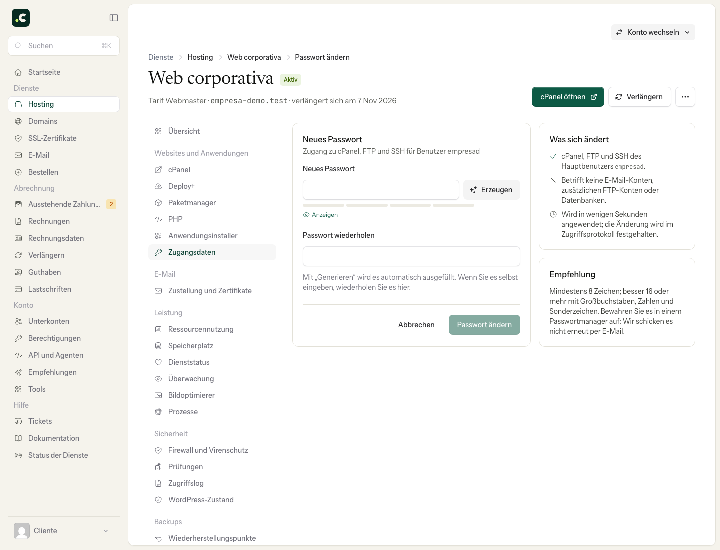 Formular zum Festlegen eines neuen Hauptpassworts für das Hosting