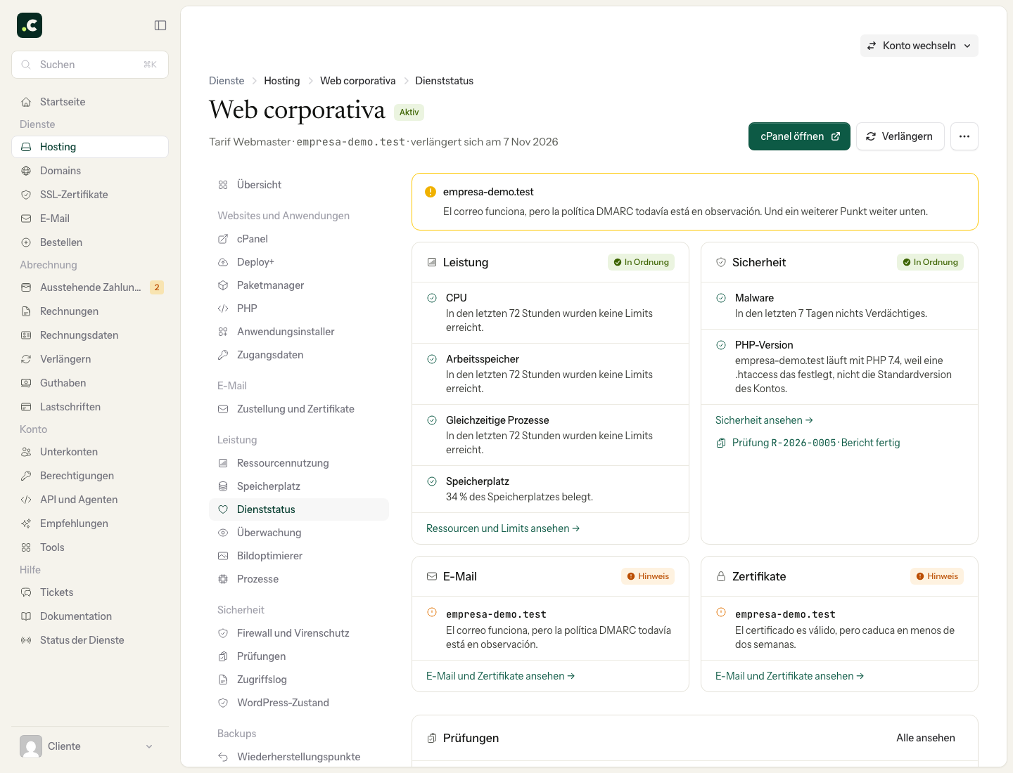 Demo-Übersicht zu Leistung, Sicherheit, E-Mail und Zertifikaten mit konkreten Hinweisen