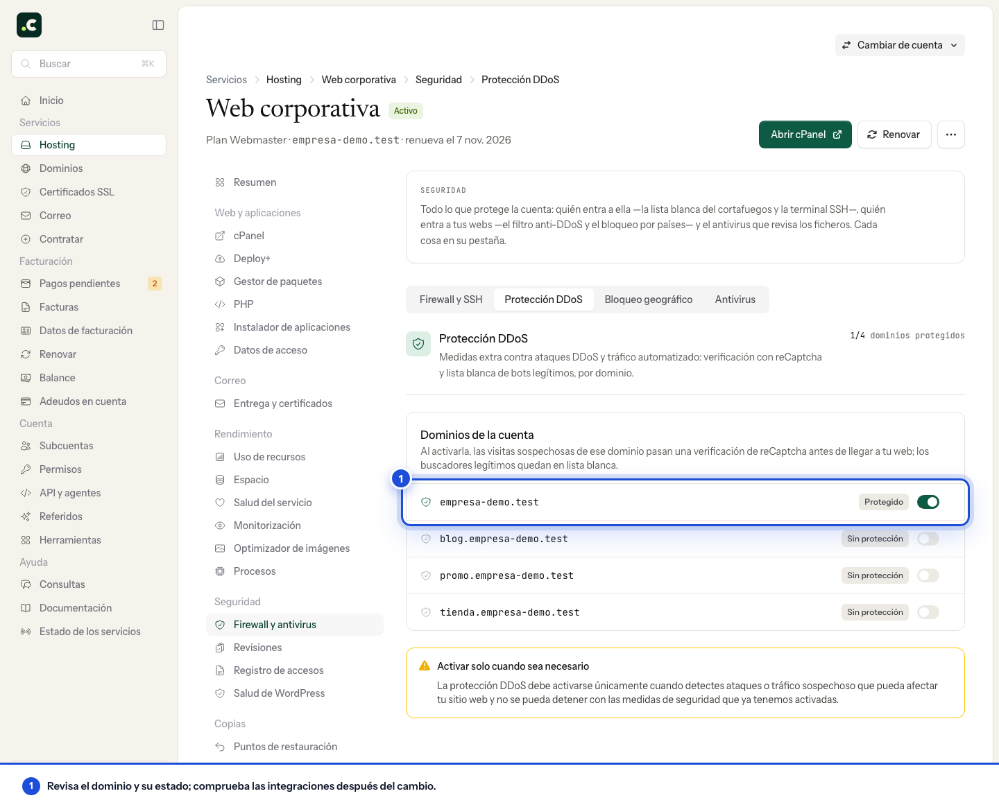 Status des DDoS-Schutzes jeder Domain im Kundenbereich