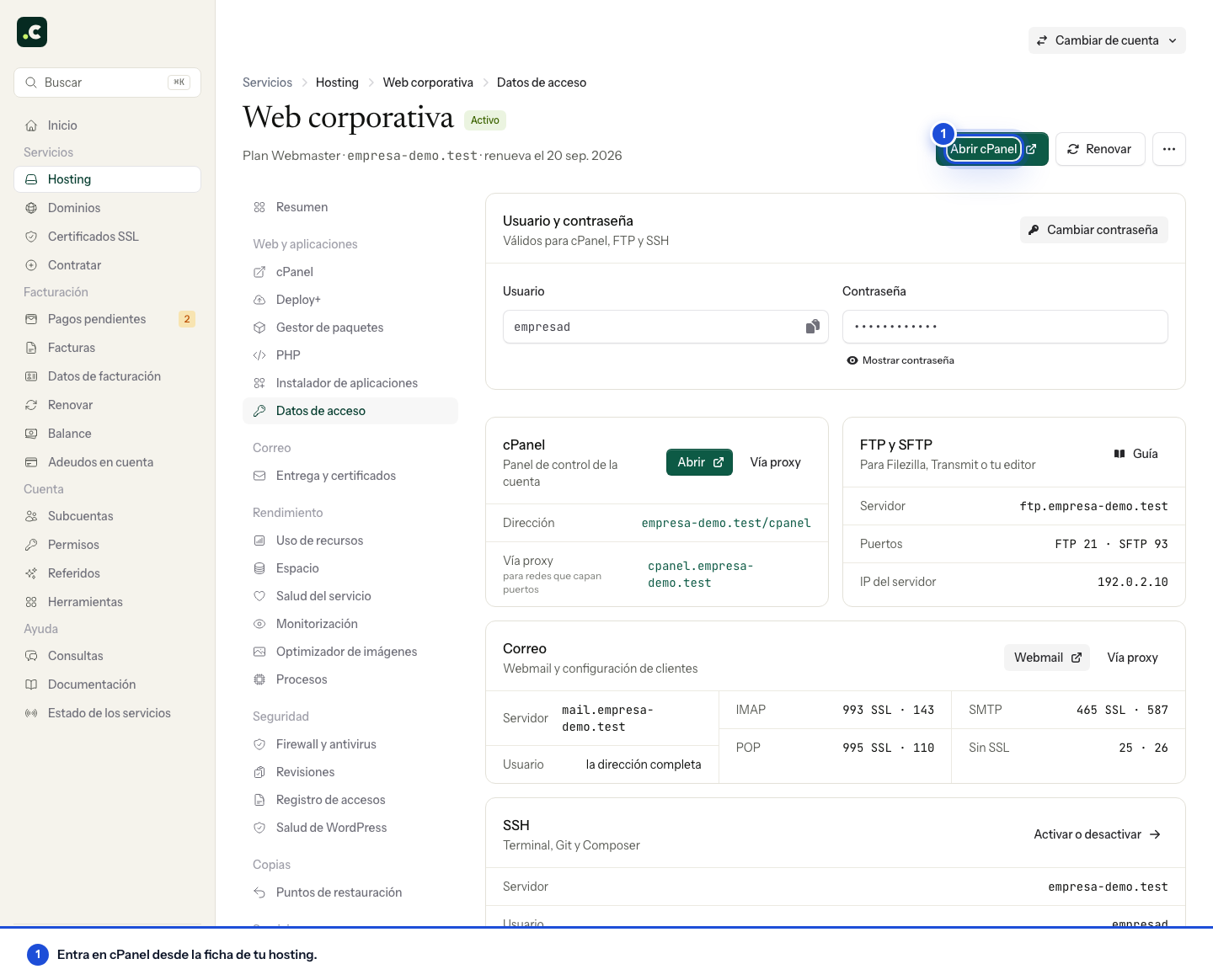 Botón Abrir cPanel en la cabecera de la ficha de un hosting