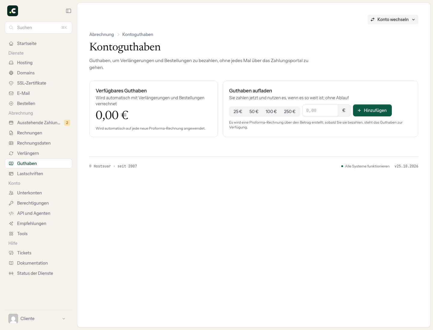 Verfügbares Guthaben und Formular zum Aufladen im Demo-Konto
