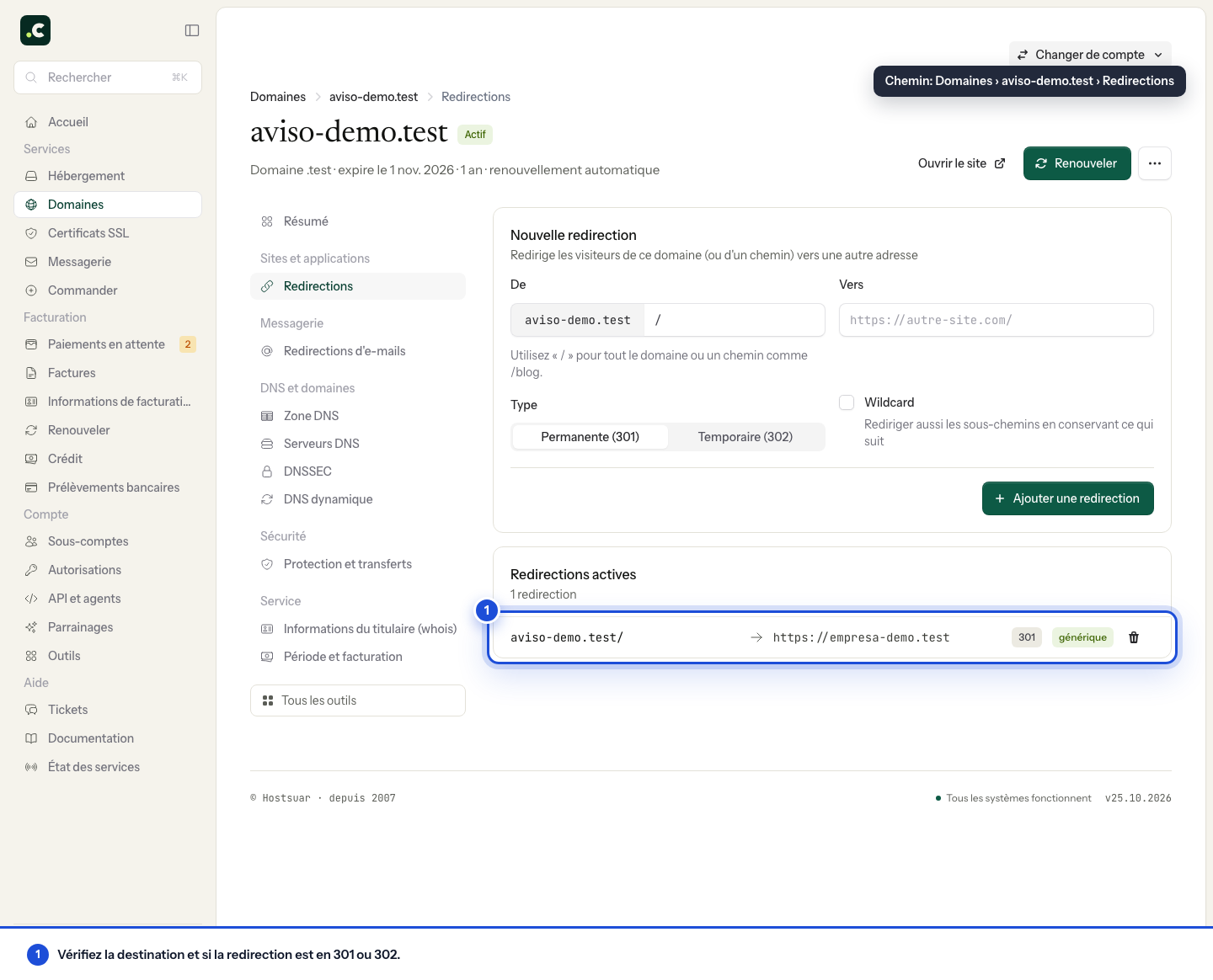 Redirections du domaine depuis l'espace client