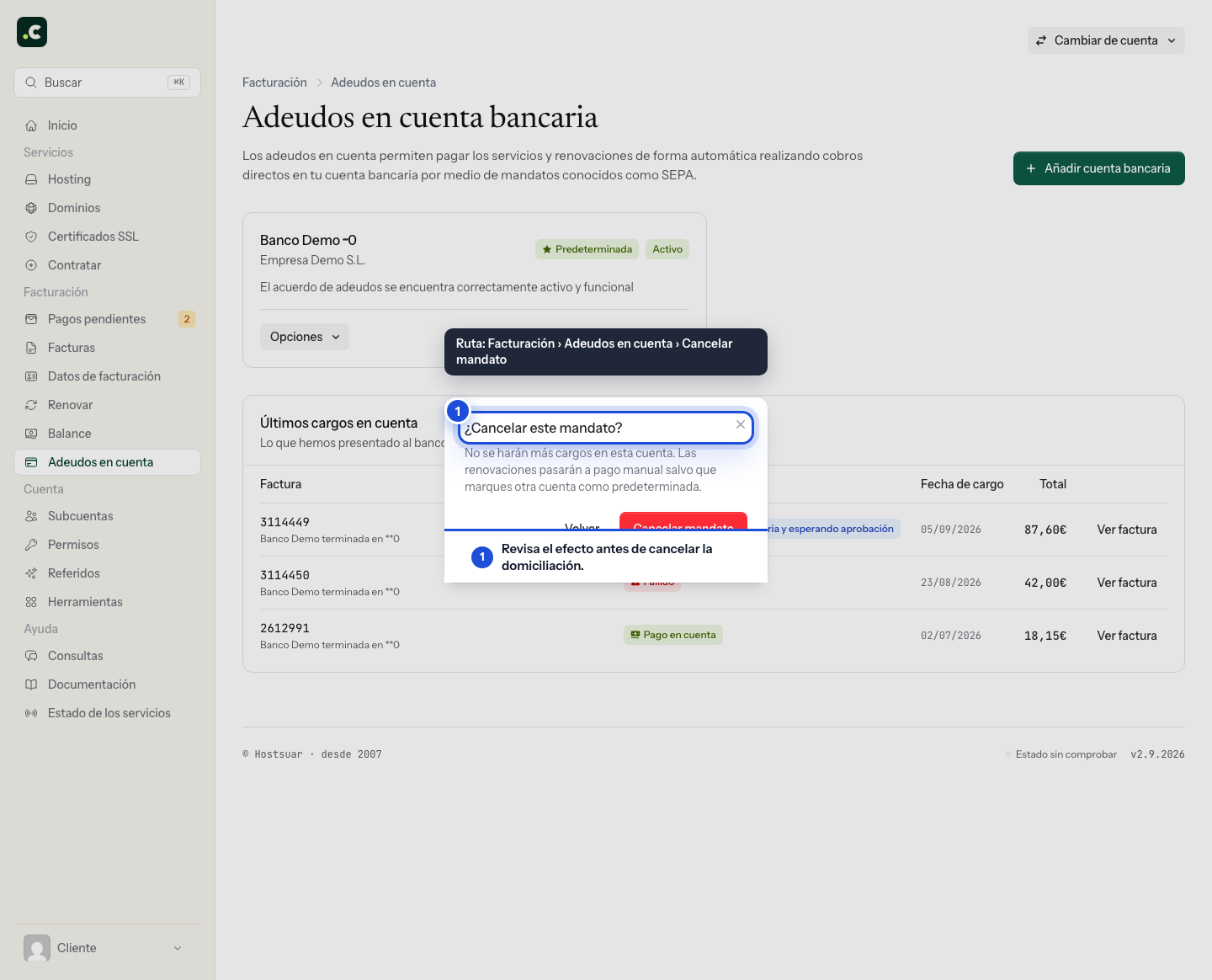 Confirmación para cancelar un mandato bancario