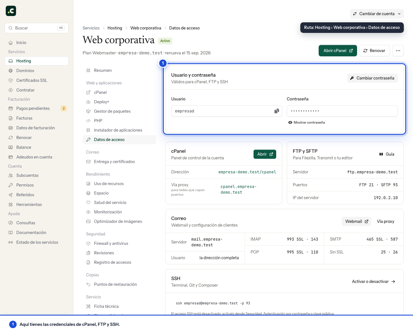 Datos de acceso y entrada directa a cPanel