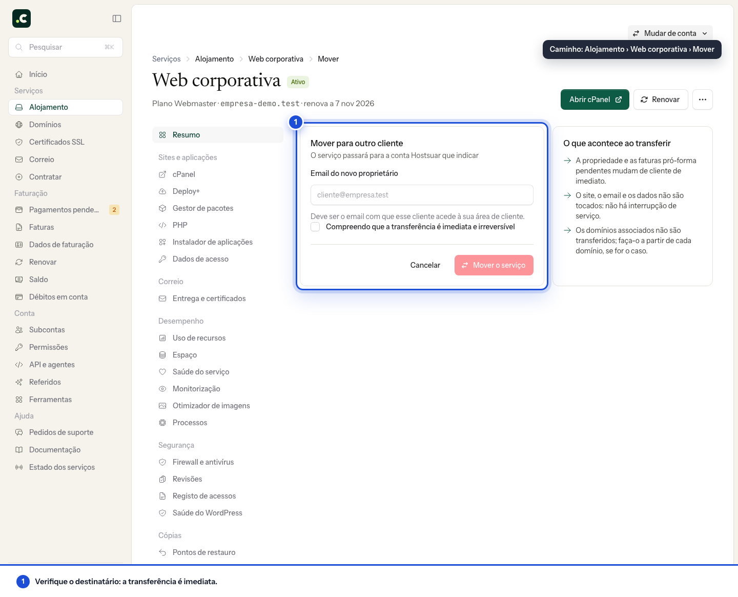 Transferir um alojamento para outro cliente