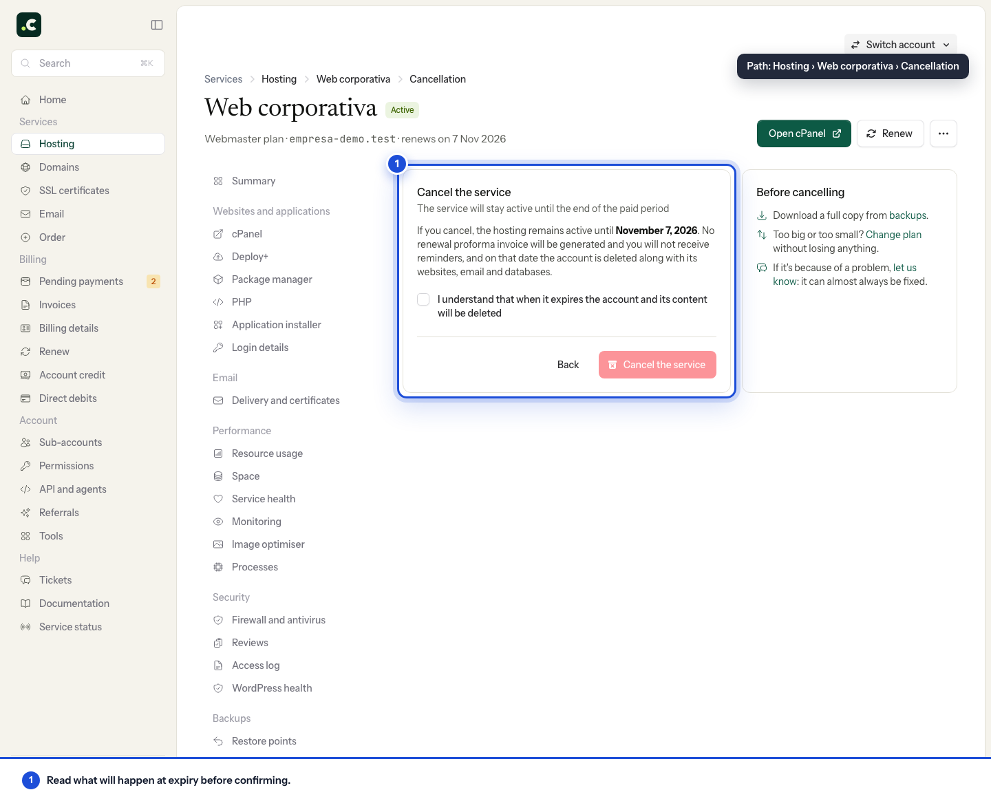 Cancelling a hosting renewal