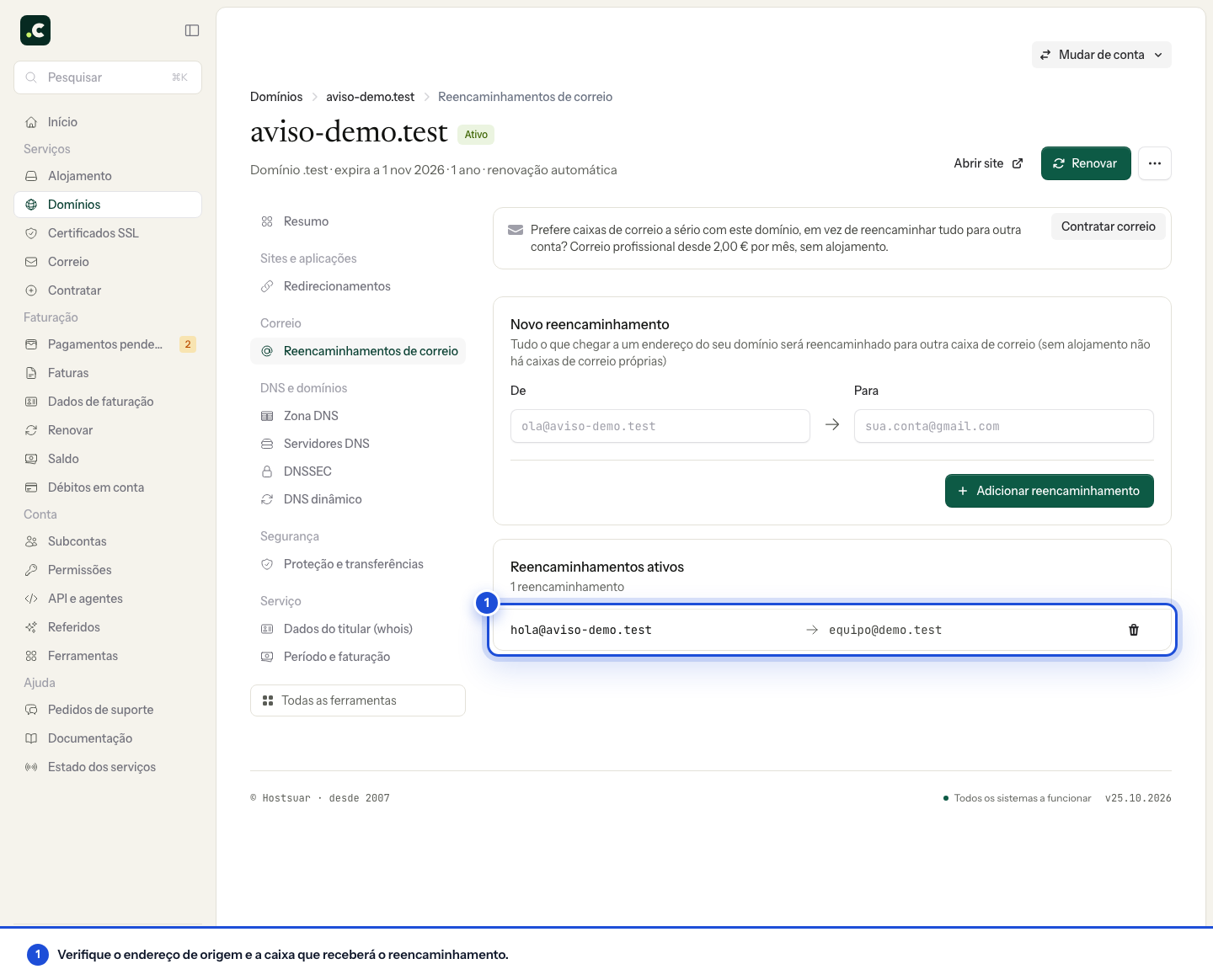 Endereço de origem e destino de um reencaminhamento no domínio demo