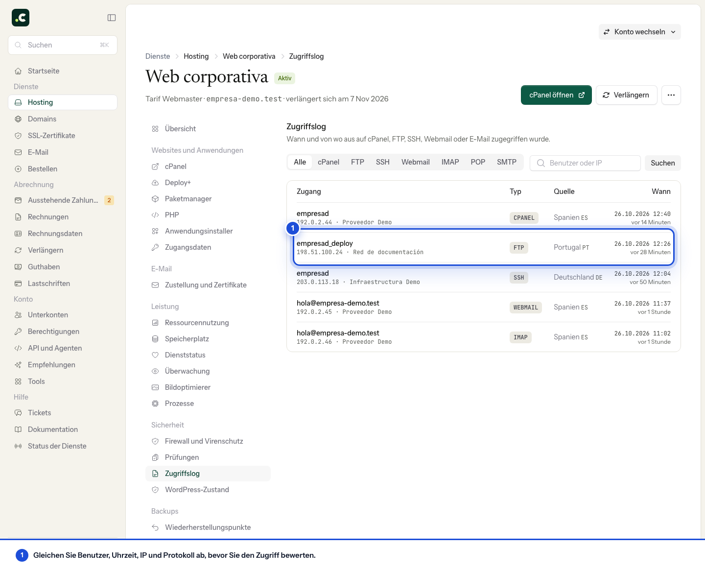 Zeile eines Hosting-Zugriffs mit Benutzer, IP und Protokoll