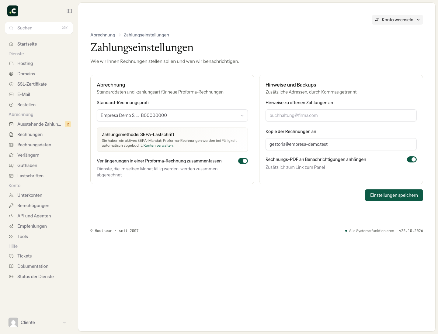 Auswahl des Standardprofils in den Rechnungseinstellungen