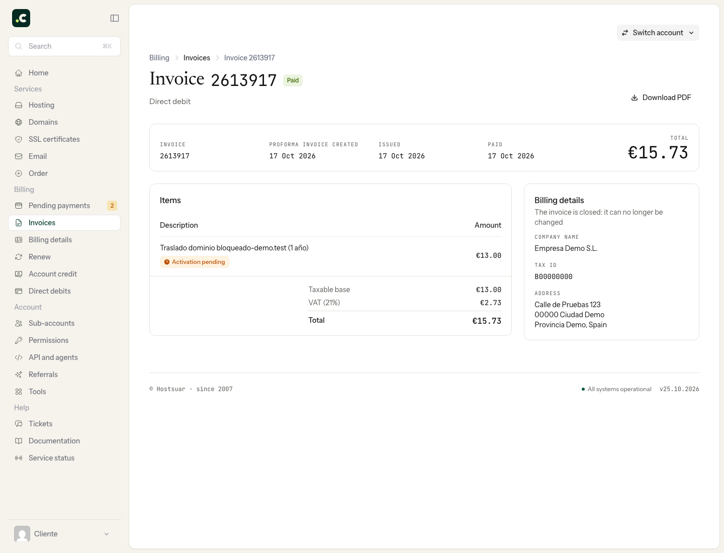 Demo invoice, paid and closed, with the domain process still pending