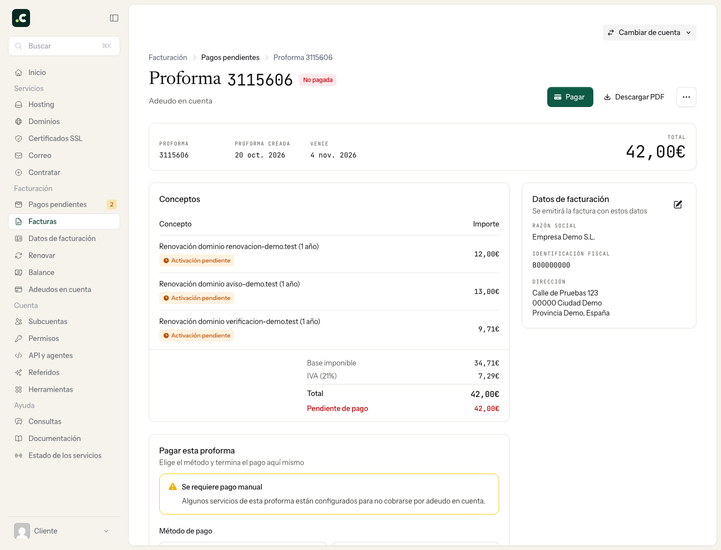 Proforma demo con conceptos, vencimiento y edición de datos fiscales