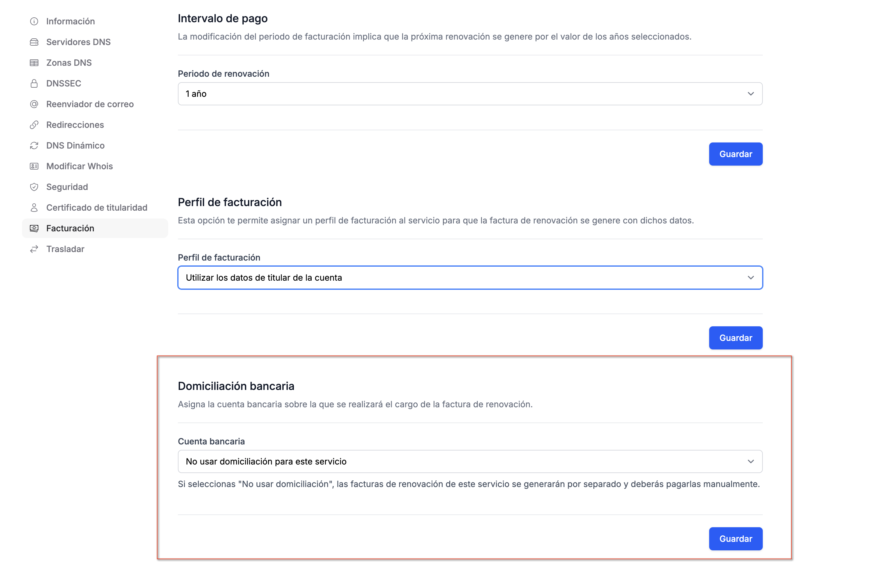 Configuración de exclusión de domiciliación