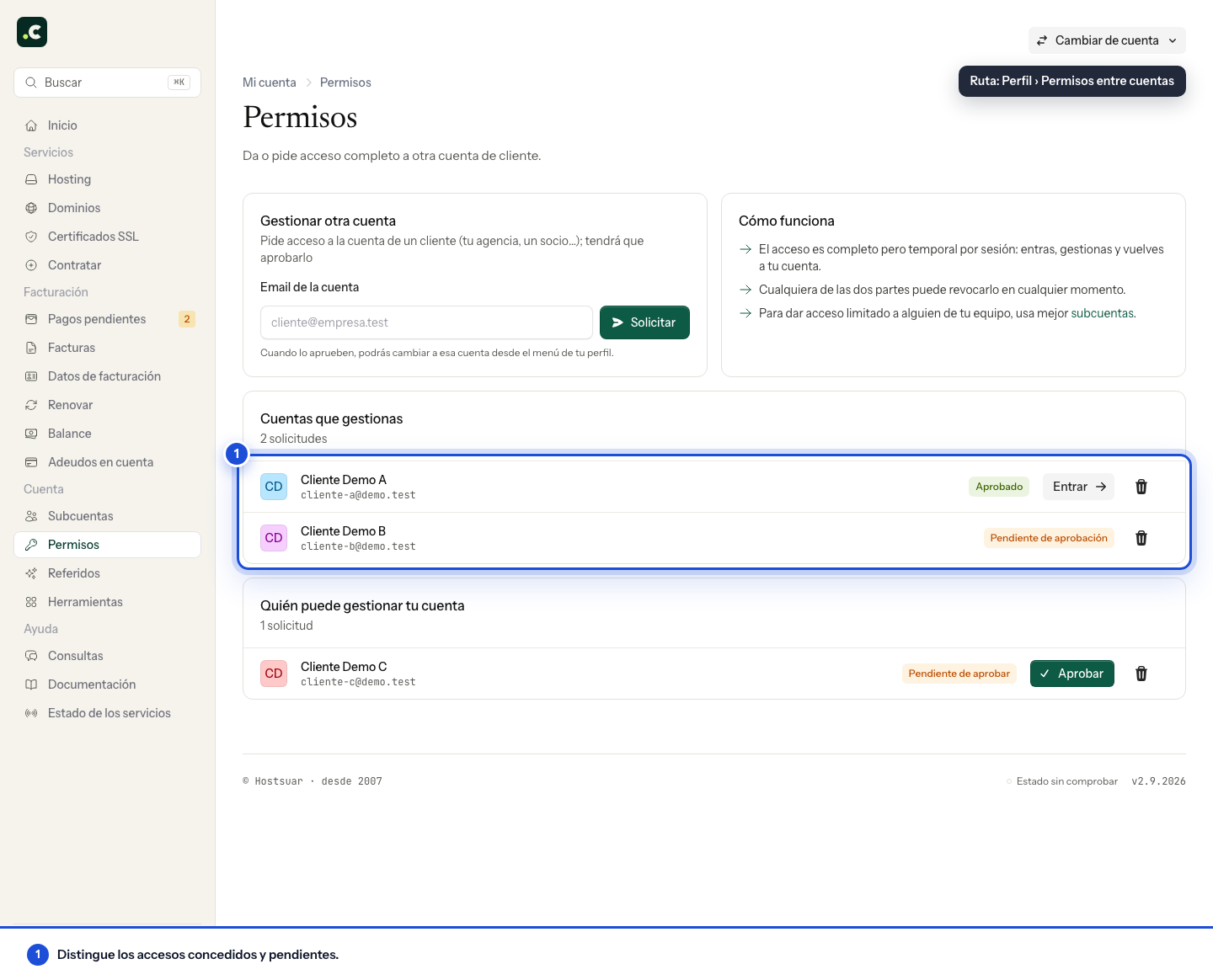 Permisos para gestionar otras cuentas de cliente