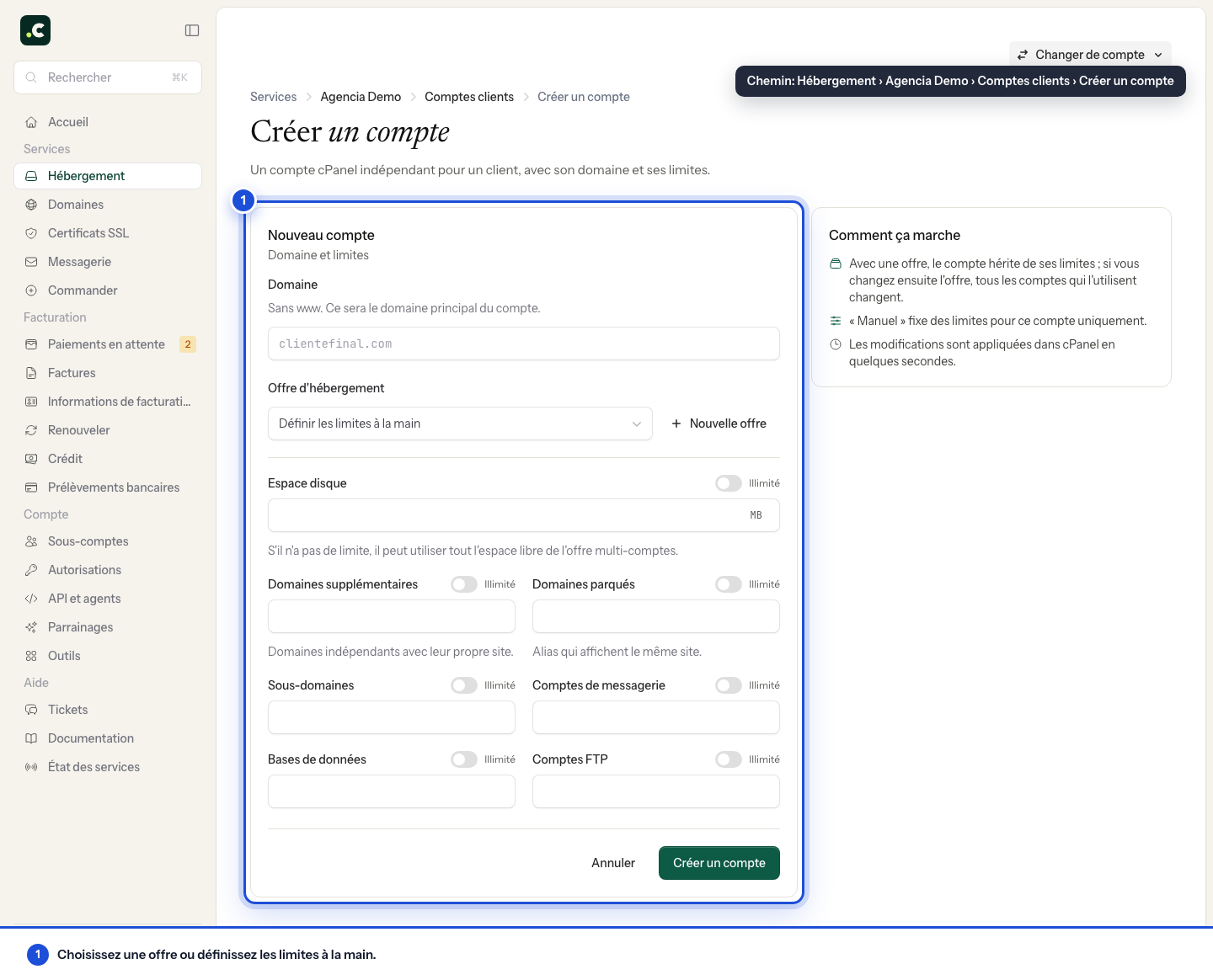 Formulaire de création d'un compte d'hébergement