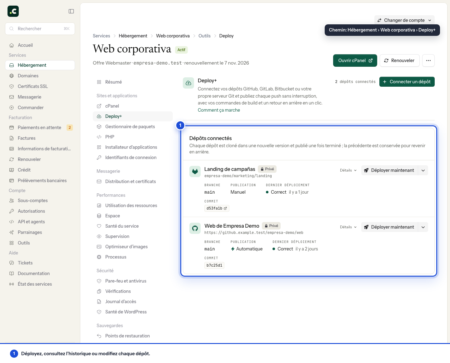 Dépôts connectés et actions de déploiement