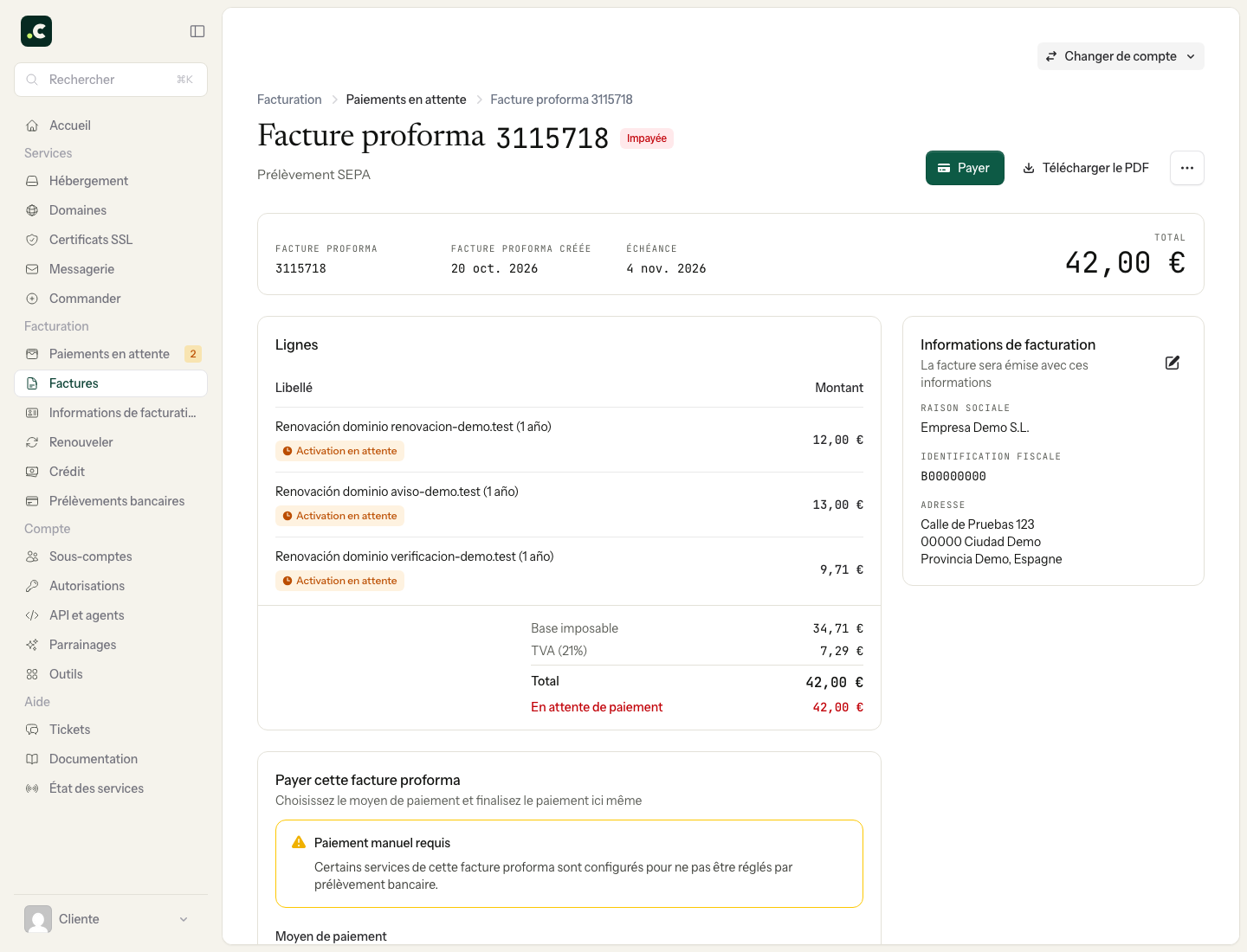 Facture proforma de démonstration avec lignes, échéance et modification des informations fiscales