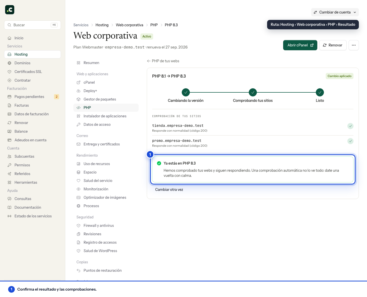 Ficha de un cambio de PHP terminado, con sus pasos, la comprobación de cada web y el aviso de que ya corre en la versión nueva