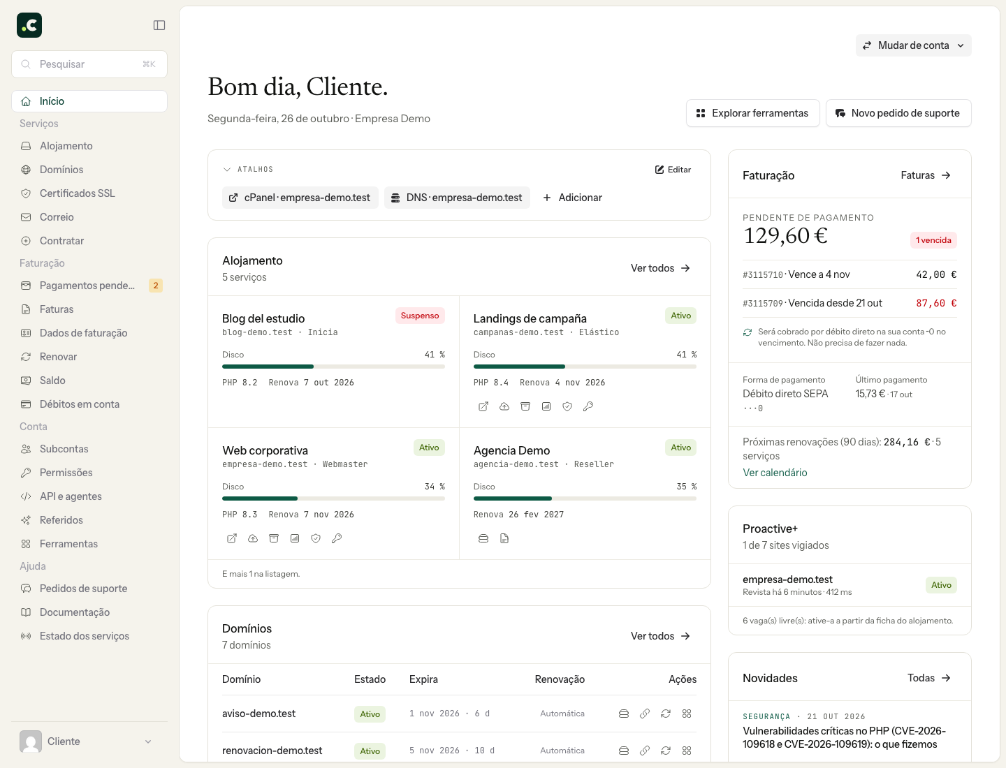 Início da área de cliente: menu de serviços, atalhos e resumo de faturação