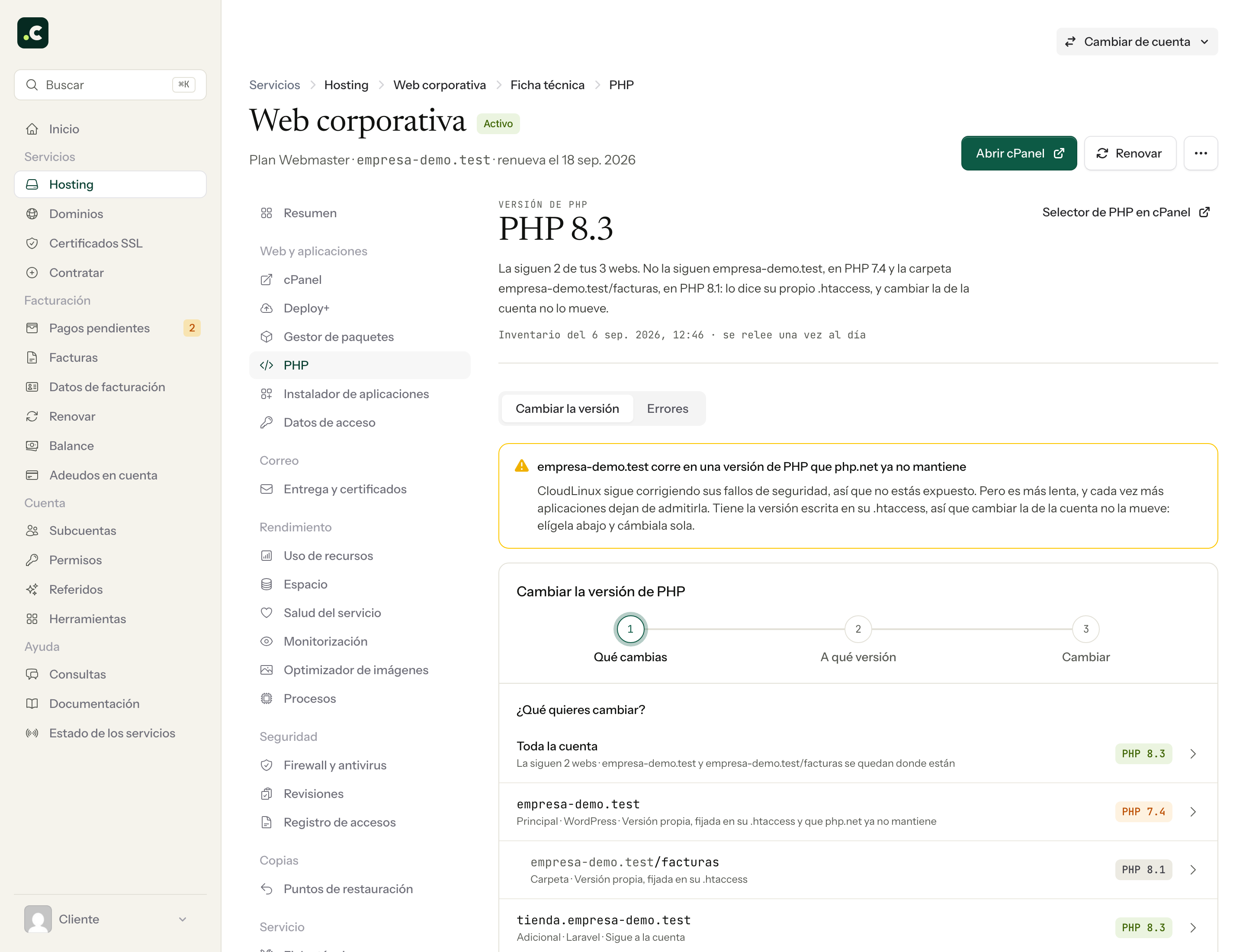 La página de PHP, con la versión de cada web