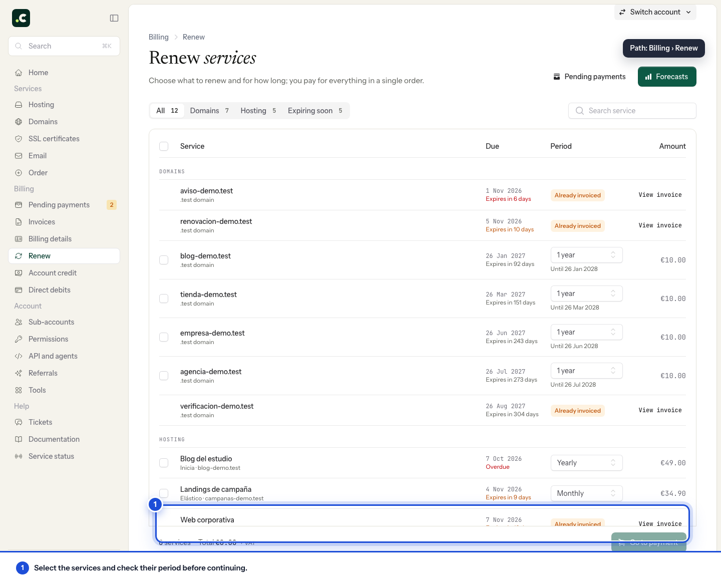 Choosing several services to renew
