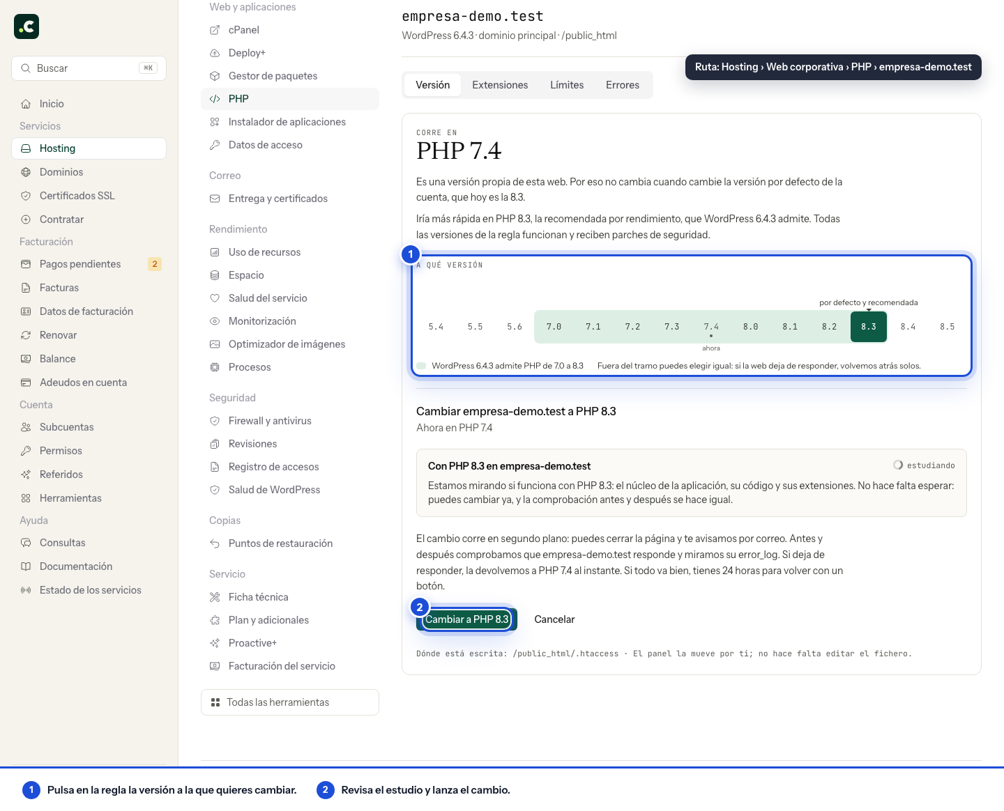 Ficha de una web con la versión elegida en la regla y, debajo, el estudio del cambio y el botón para lanzarlo