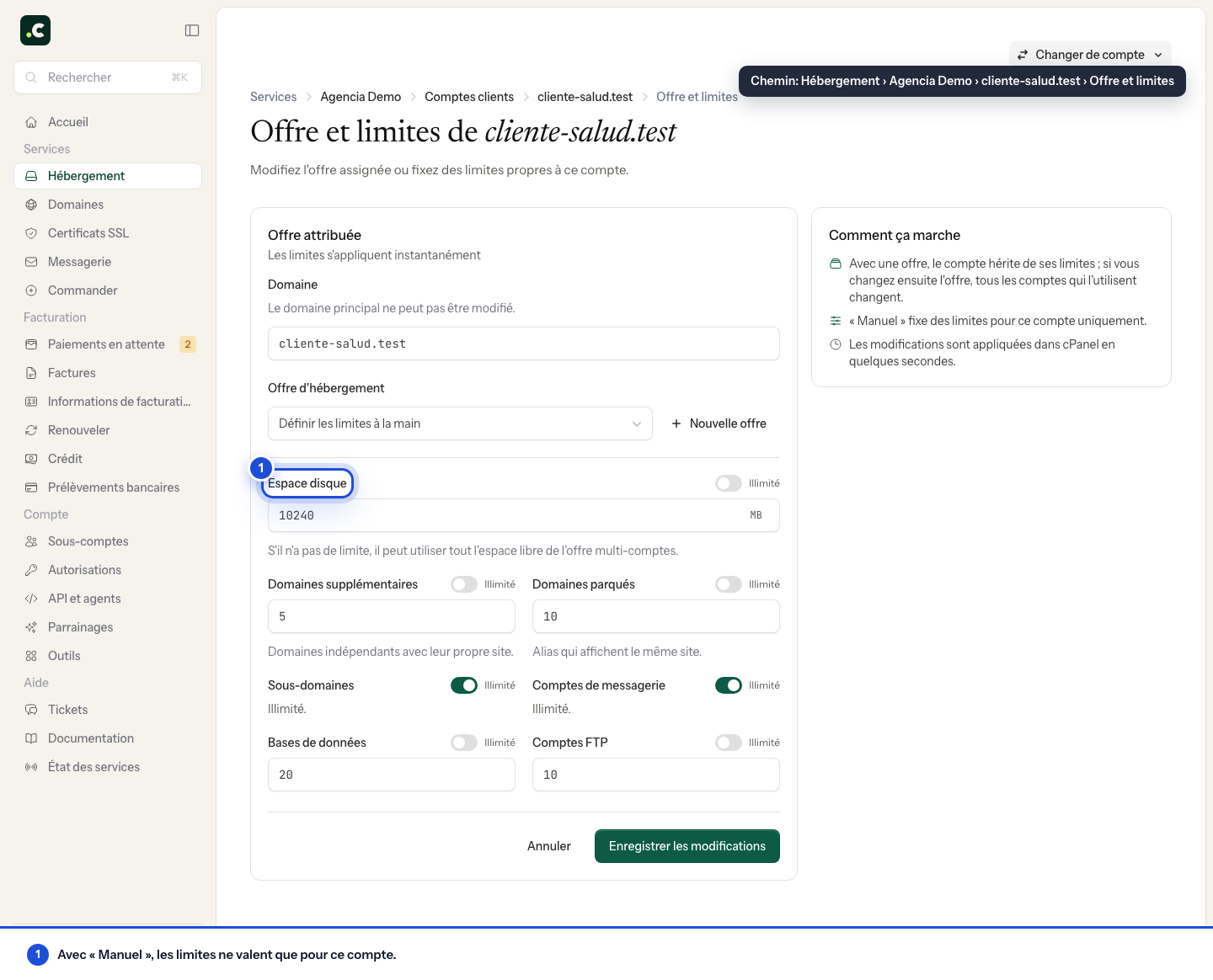 Limites définies à la main pour un seul compte