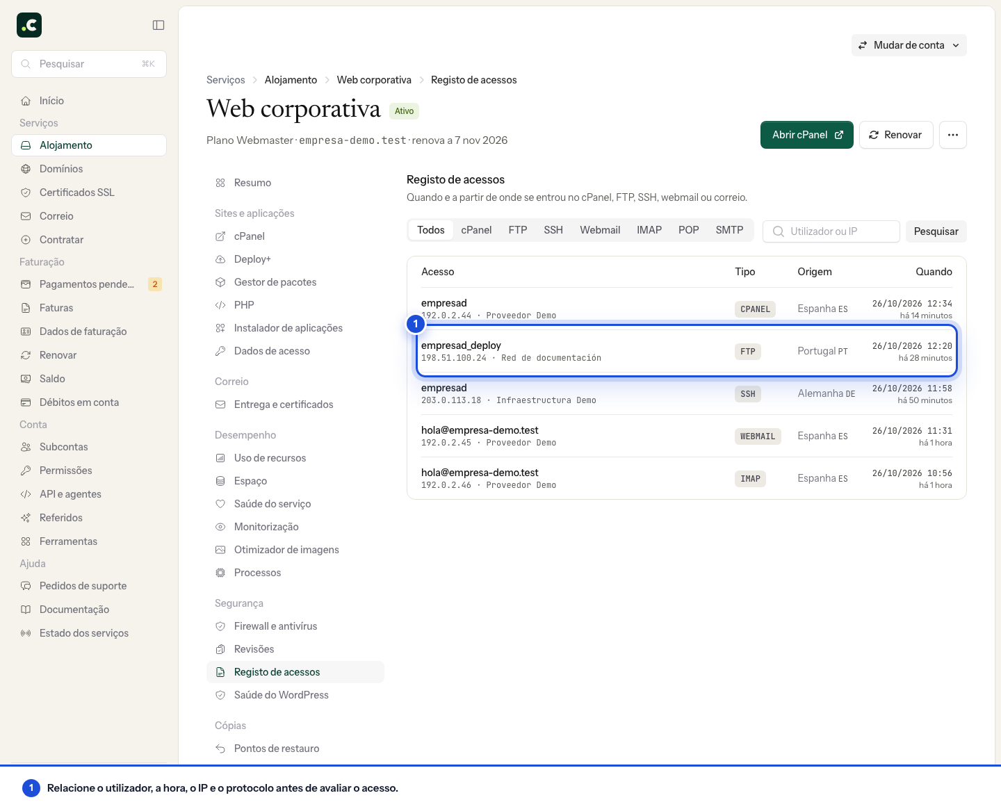 Linha de um acesso do alojamento com utilizador, IP e protocolo