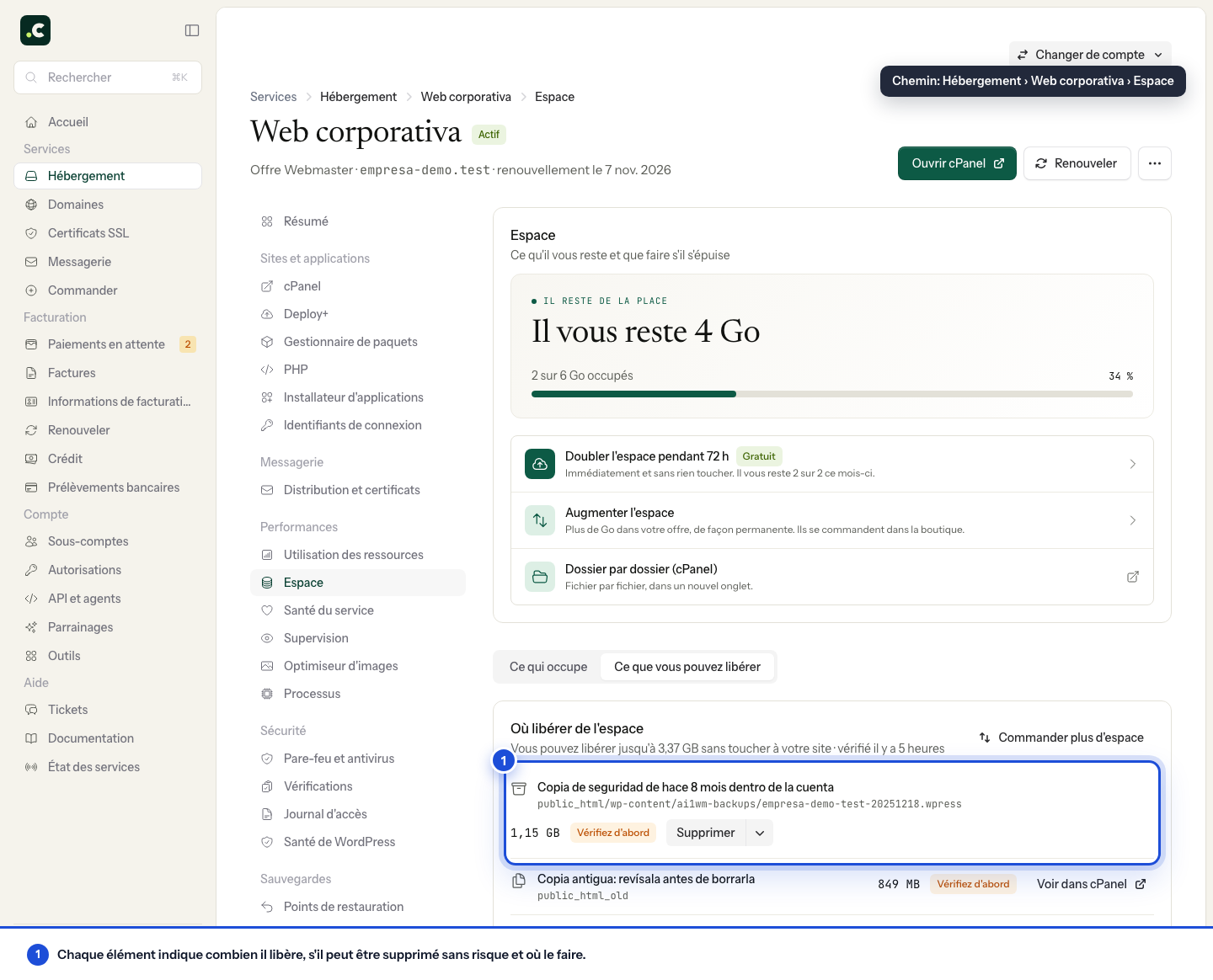 Onglet Ce que vous pouvez libérer avec une sauvegarde à vérifier avant suppression