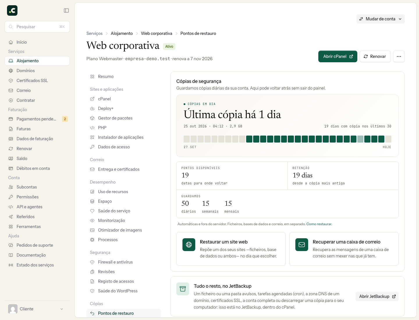 Pontos de restauro do alojamento demo e acessos aos assistentes de site e correio