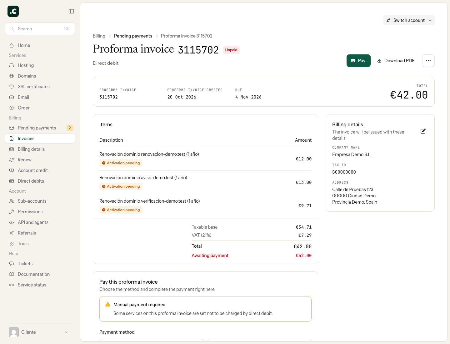 Demo proforma invoice with items, due date and tax details editing