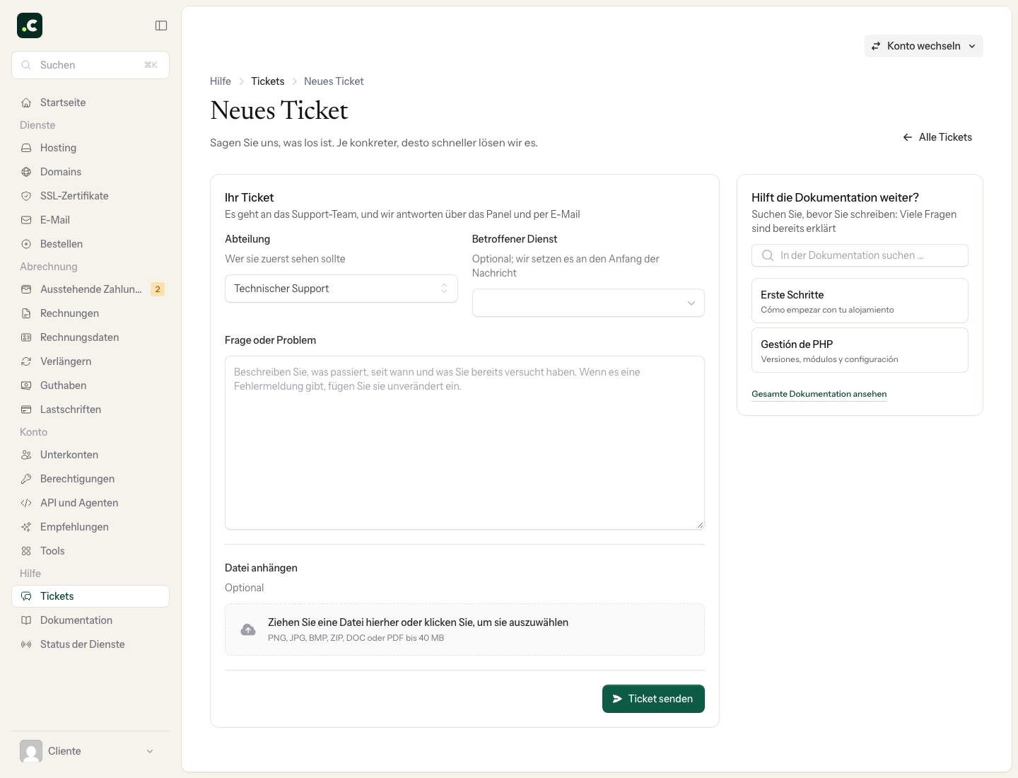 Neues Ticket mit Abteilung, betroffenem Dienst, Nachricht und Anhang