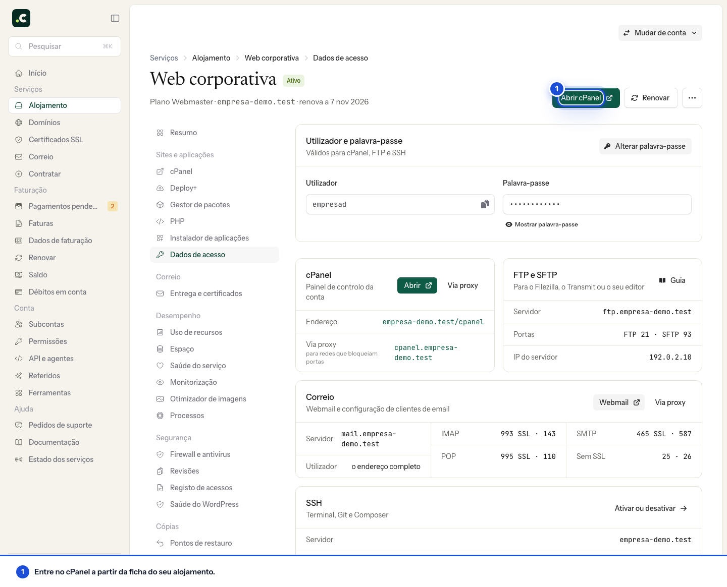 Botão Abrir cPanel no cabeçalho da ficha de um alojamento