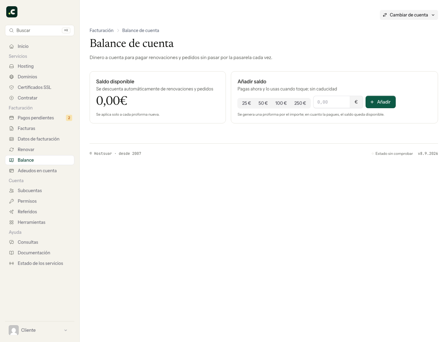 Saldo disponible y formulario para añadir balance en la cuenta demo