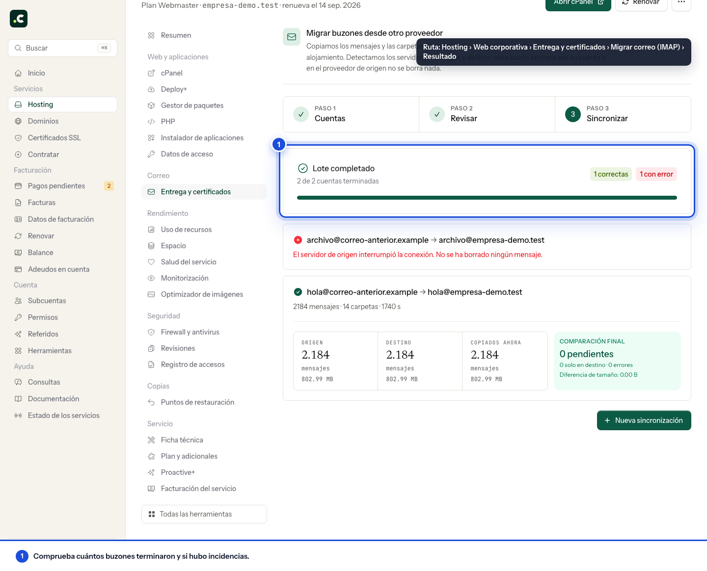 Resultado de una sincronización de correo con imapsync