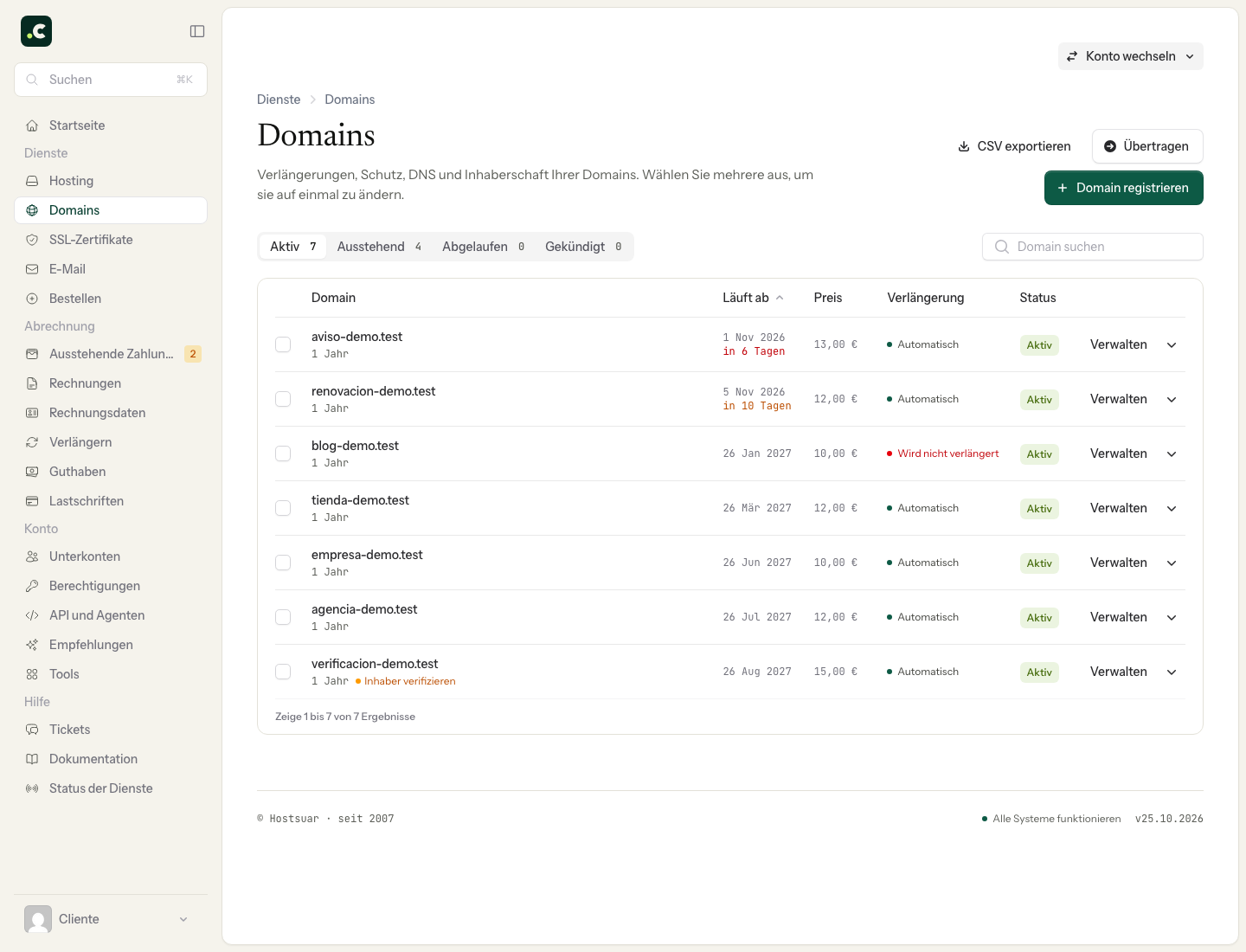 Domainliste des Demo-Unternehmens mit Daten, Verlängerung und der Schaltfläche CSV exportieren
