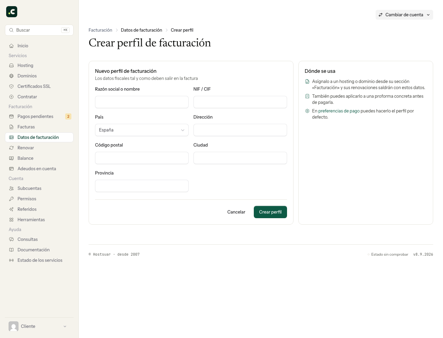 Formulario de creación de un perfil de facturación